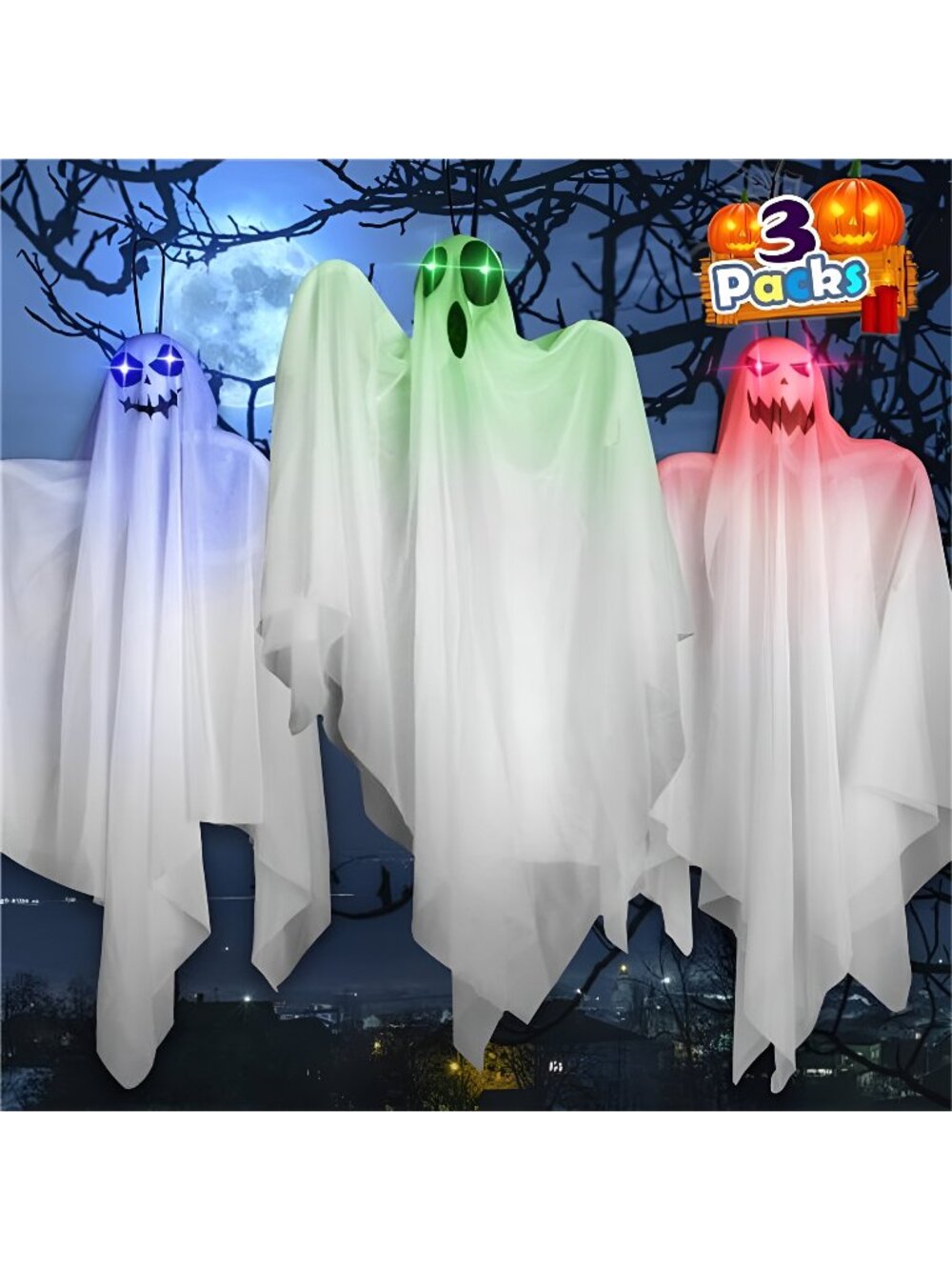 3 Pack Halloween Hanging Ghosts Decor 26.7" Flying Ghost Glow in The Dark